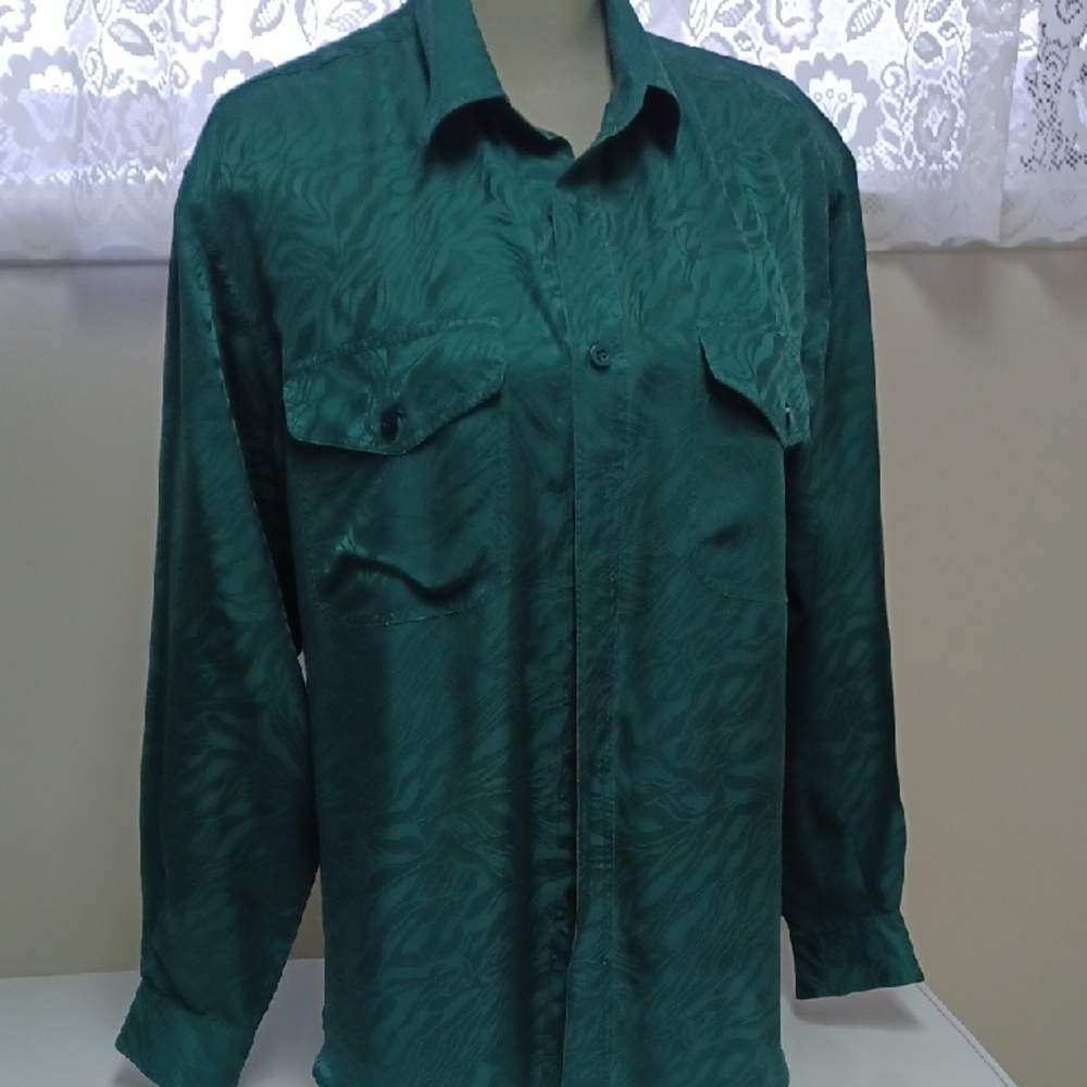 100% Silk Dark Green Shirt Size M